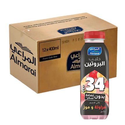 Almarai Strawberry and Banana Protein Milk Fat Free and No Added Sugar 12x400ml